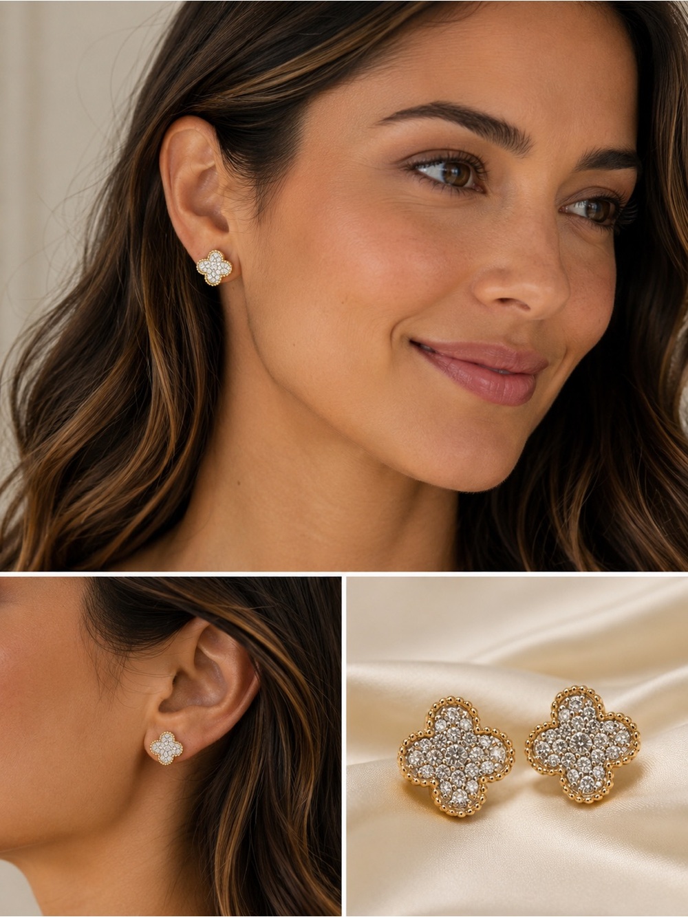 14K Gold Diamond 🍀 Clover Pave Stud Earrings - Gold-.60TCW